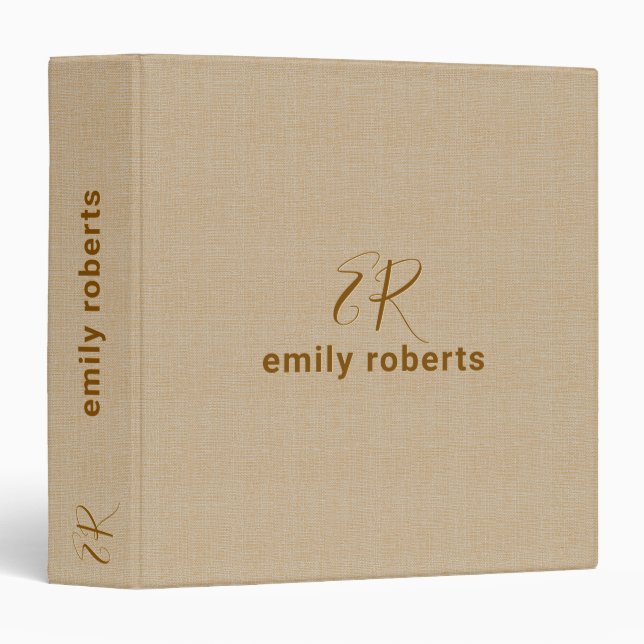 Monogram Minimalistic Beige Linen 3 Ring Binder (Front/Spine)