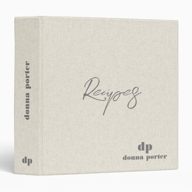 Monogram Minimalistic Beige Linen Recipes 3 Ring Binder (Front/Spine)