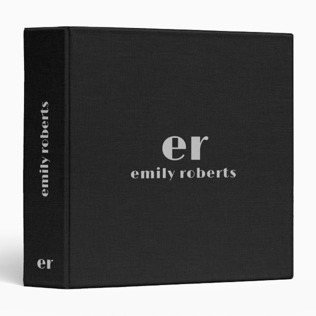 Monogram Minimalistic Black Linen 3 Ring Binder (Front/Spine)