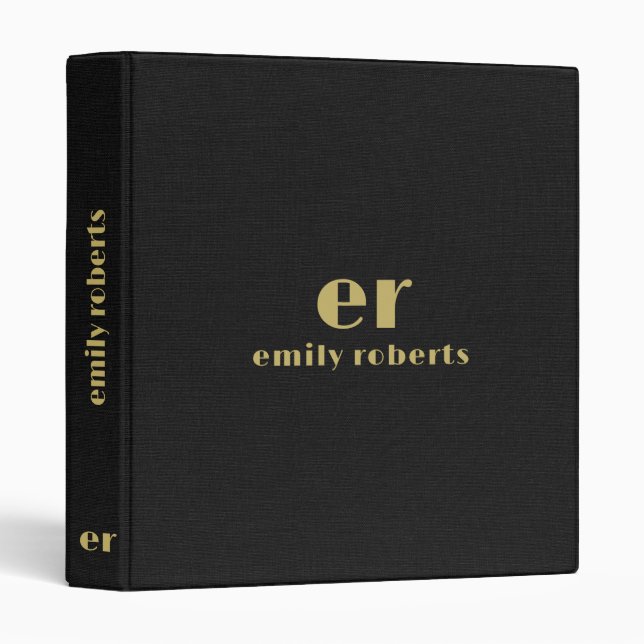 Monogram Minimalistic Black Linen Gold Typography 3 Ring Binder (Front/Spine)