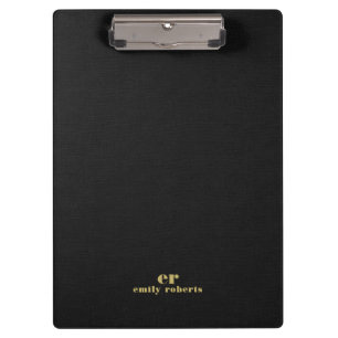Monogram Minimalistic Black Linen Gold Typography Clipboard
