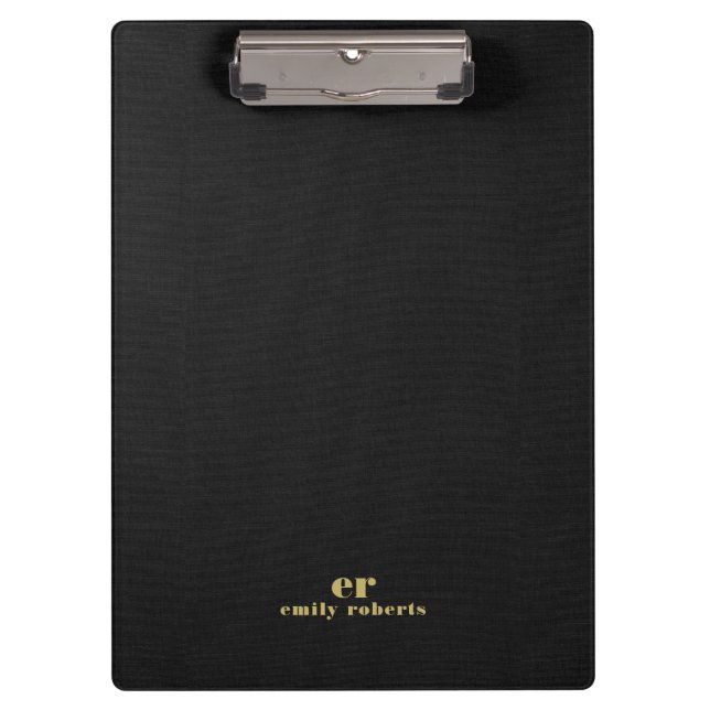 Monogram Minimalistic Black Linen Gold Typography Clipboard (Front)