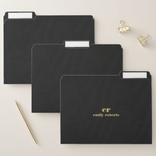 Monogram Minimalistic Black Linen Gold Typography File Folder