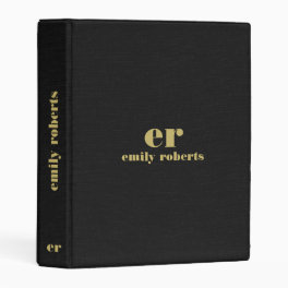 Monogram Minimalistic Black Linen Gold Typography Mini Binder