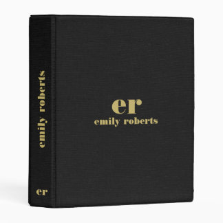 Monogram Minimalistic Black Linen Gold Typography Mini Binder