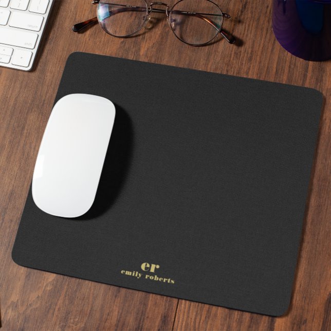 Monogram Minimalistic Black Linen Gold Typography Mouse Pad (Creator Uploaded)