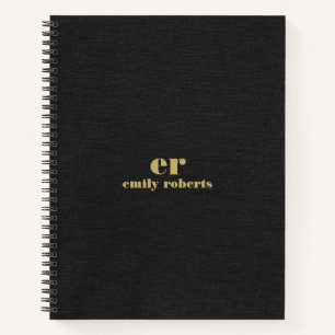 Monogram Minimalistic Black Linen Gold Typography Notebook