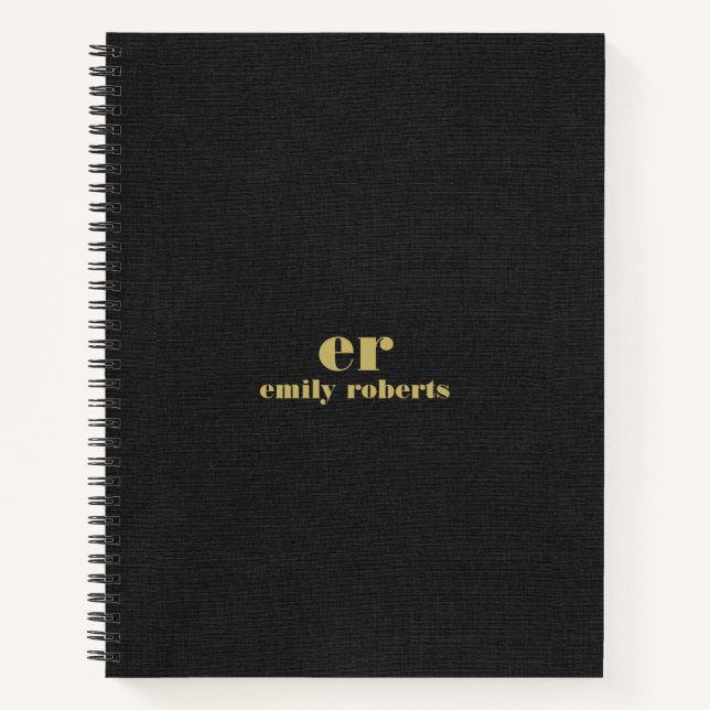 Monogram Minimalistic Black Linen Gold Typography Notebook (Front)