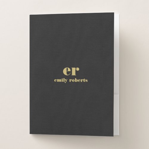 Monogram Minimalistic Black Linen Gold Typography Pocket Folder
