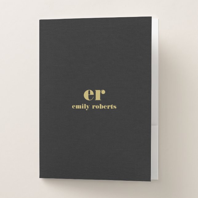 Monogram Minimalistic Black Linen Gold Typography Pocket Folder (Front)