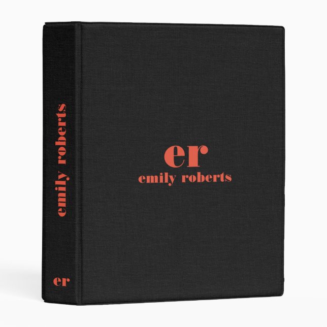 Monogram Minimalistic Black Linen Red Typography Mini Binder (Front/Spine)