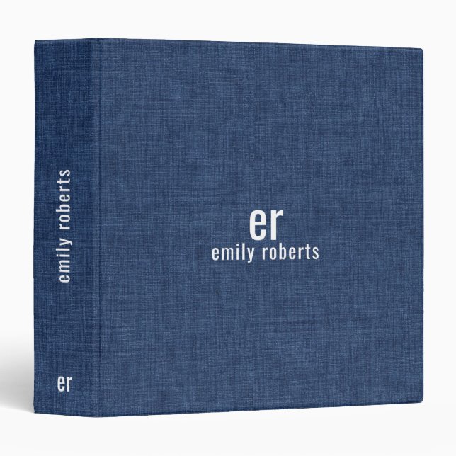 Monogram Minimalistic Blue Linen Texture 3 Ring Binder (Front/Spine)