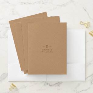 Monogram Minimalistic Brown Linen Texture Pocket Folder