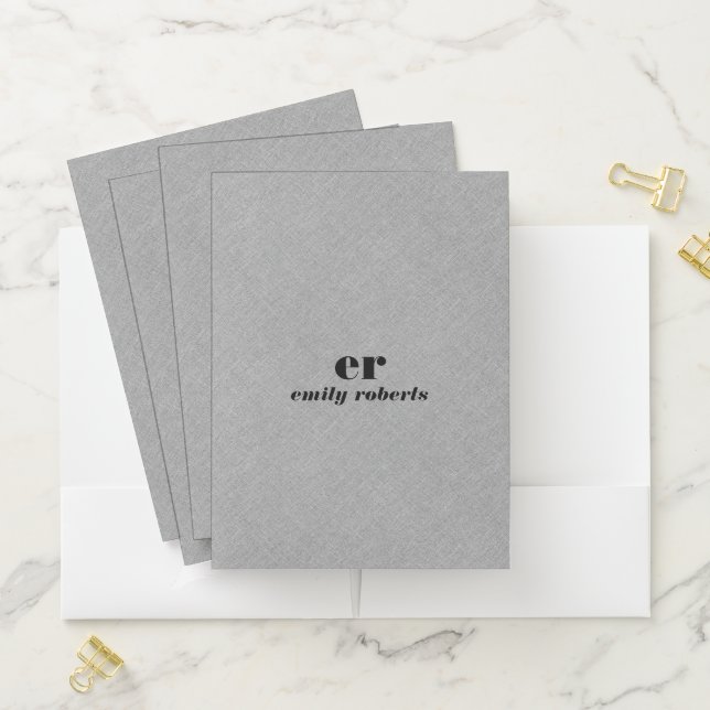 Monogram Minimalistic Gray Linen Pocket Folder (In Situ)