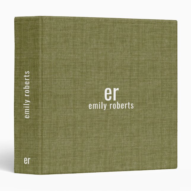 Monogram Minimalistic Olive Green Linen Texture 3 Ring Binder (Front/Spine)