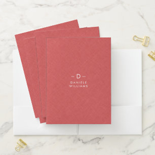 Monogram Minimalistic Red Linen 3 Ring Binder Pocket Folder