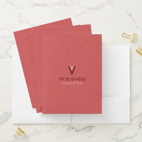 Monogram Minimalistic Red Linen Texture Pocket Folder