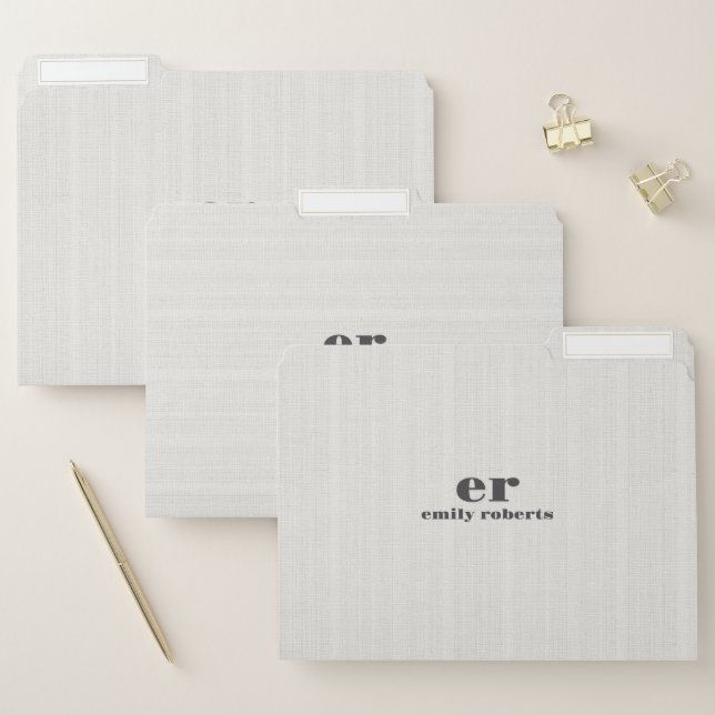 Monogram Minimalistic White Burlap Gray Typography File Folder (Set)