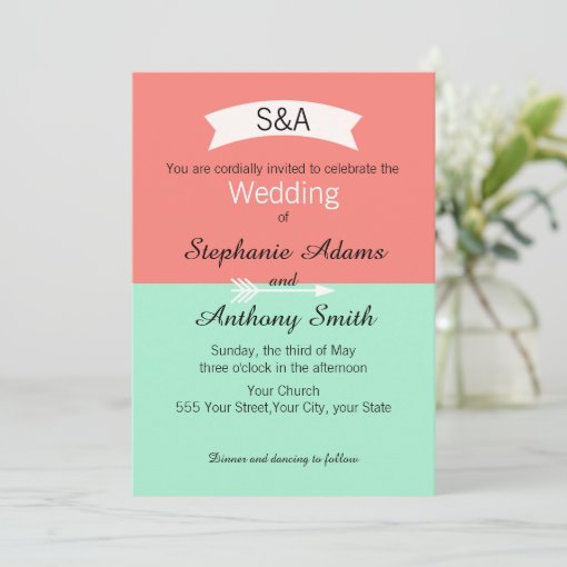 Monogram Mint and Coral Color Block Wedding Invitation | Zazzle