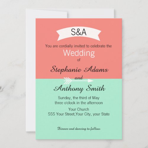 Monogram Mint and Coral Color Block Wedding Invitation