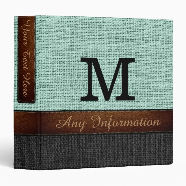 Monogram Mint & Black Burlap Rustic Jute Binder (Front/Spine)