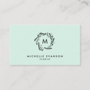 Monogram Mint Green and Black Floral Wreath Business Card