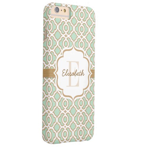 Monogram Mint Green and Gold Quatrefoil Barely There iPhone 6 Plus Case