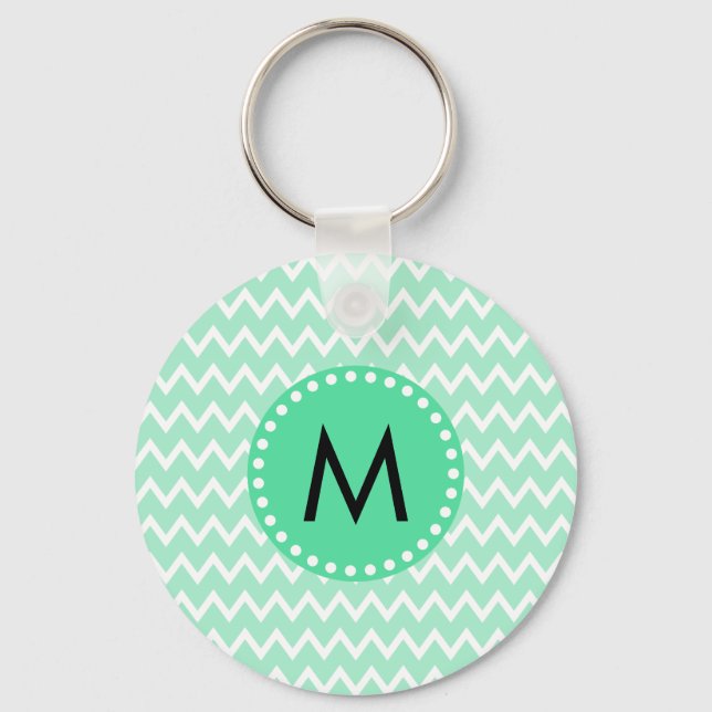 Monogram Mint Green and White Chevron Pattern Keychain (Front)