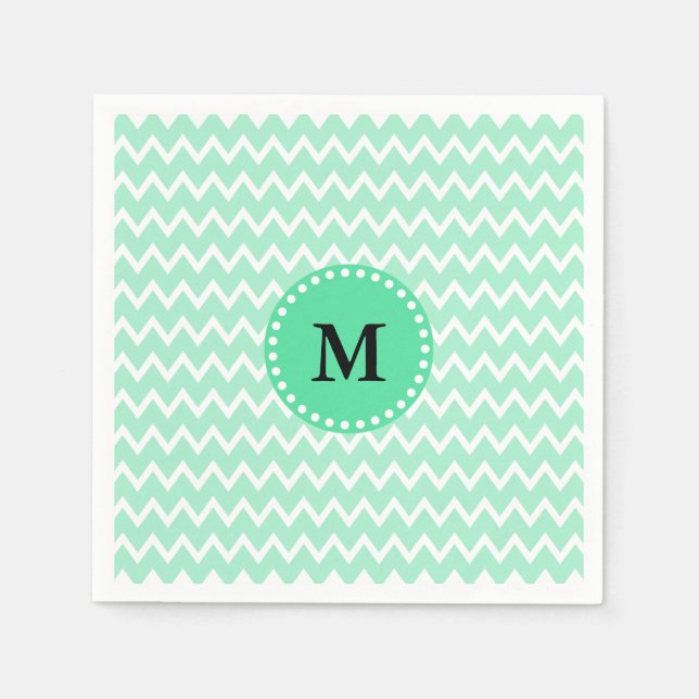 Monogram Mint Green and White Chevron Pattern Paper Napkins (Front)