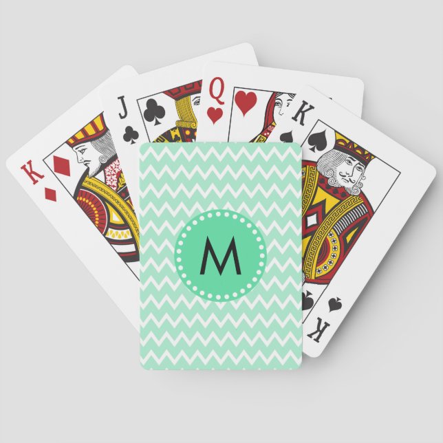 Monogram Mint Green and White Chevron Pattern Poker Cards (Back)