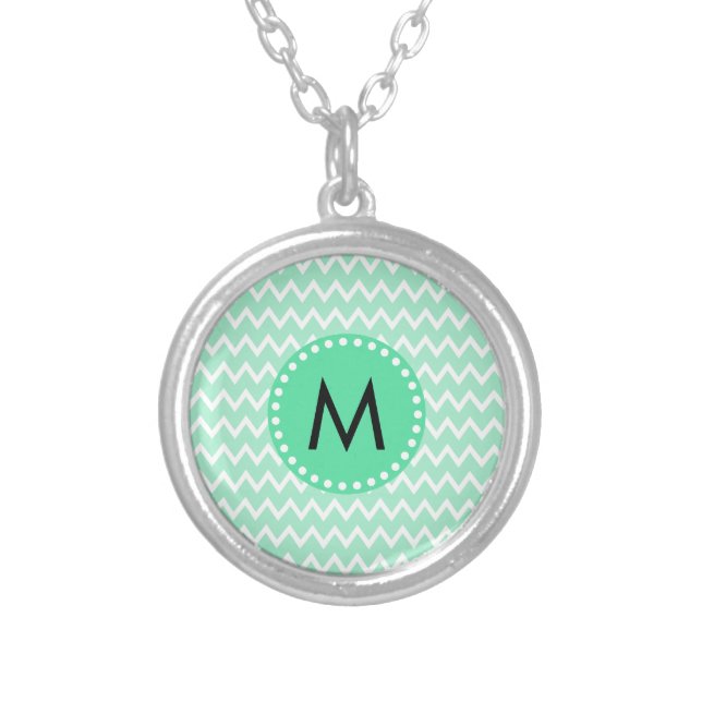 Monogram Mint Green and White Chevron Pattern Silver Plated Necklace (Front)