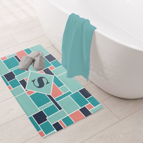 Monogram Mint Green Coral Geometric Art Bath Mat