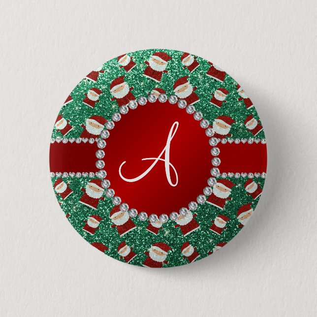 Monogram mint green glitter christmas santa claus pinback button (Front)