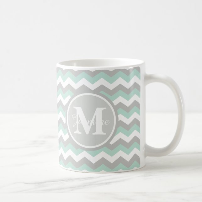 Monogram Mint Green Gray Chevron Zigzag Stripe Coffee Mug (Right)
