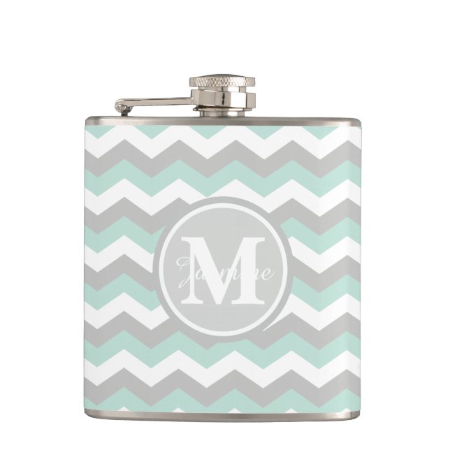 Monogram Mint Green Gray Chevron Zigzag Stripe Flask (Front)