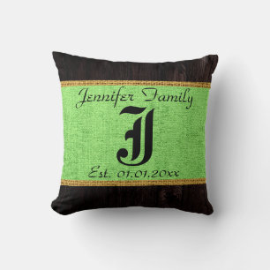 Monogram Mint Green Rustic Burlap Linen Wood Look Throw Pillow