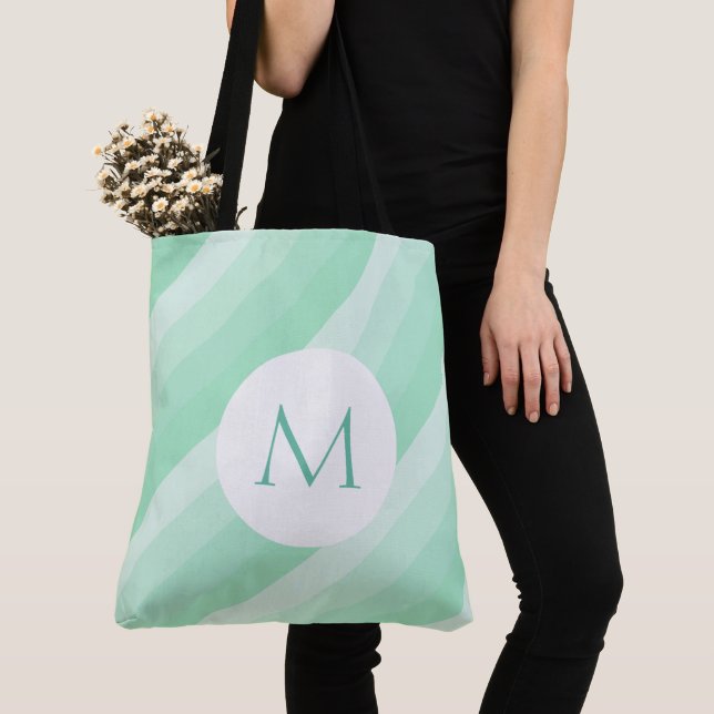 Monogram Mint Green Striped Personalized Template Tote Bag (Close Up)