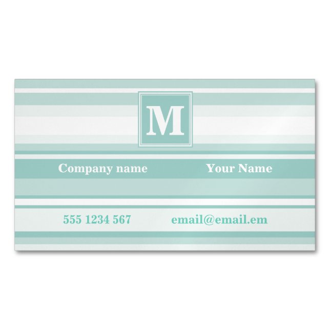 Monogram mint green stripes business card magnet (Front)