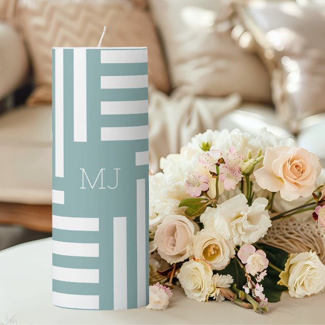 Monogram Mint Green Stripes Custom Birthday Gift Pillar Candle (Creator Uploaded)