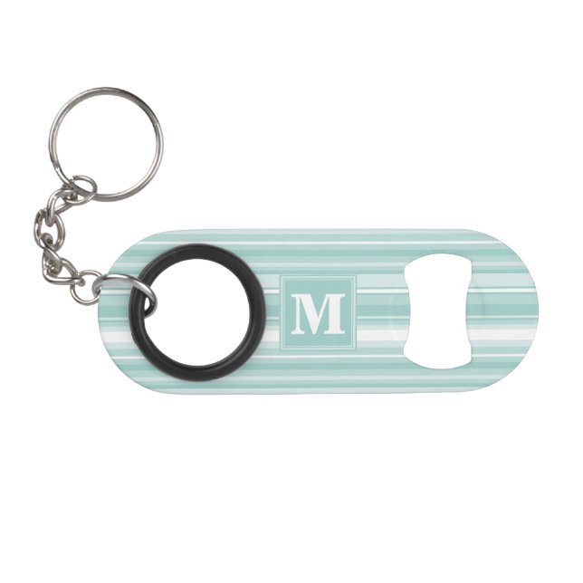 Monogram mint green stripes keychain bottle opener (Front (Horizontal))