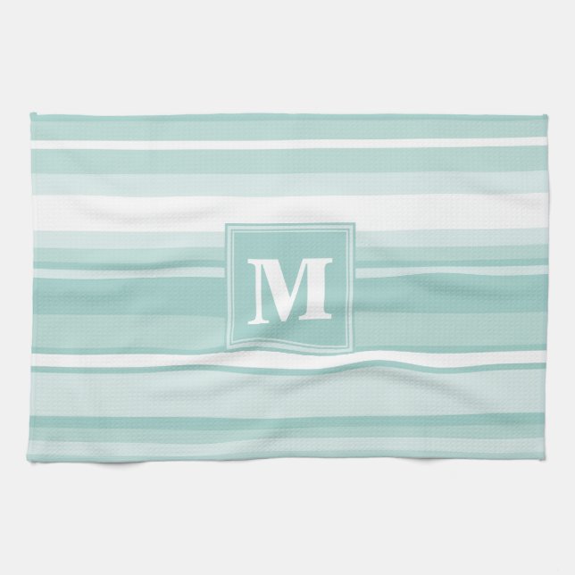 Monogram mint green stripes kitchen towel (Horizontal)
