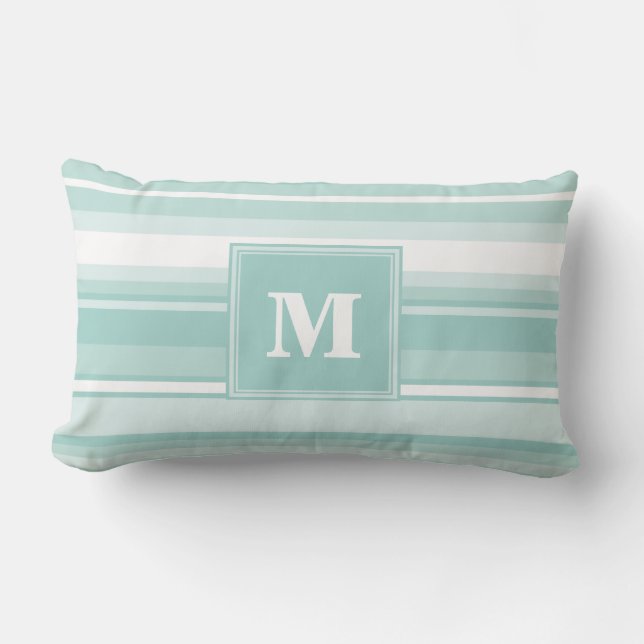 Monogram mint green stripes lumbar pillow (Front)