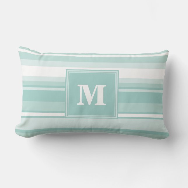 Monogram mint green stripes lumbar pillow (Front)