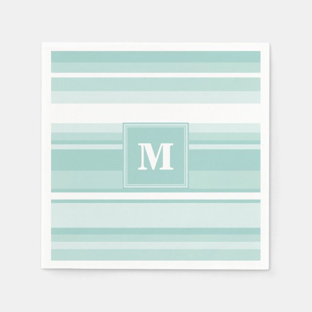 Monogram mint green stripes paper napkins (Front)