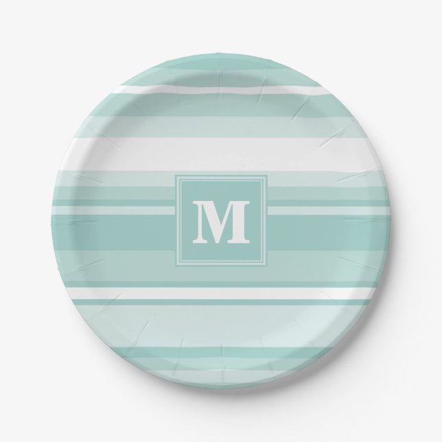 Monogram mint green stripes paper plates (Front)