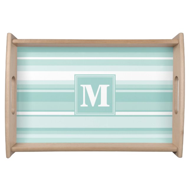 Monogram mint green stripes serving tray (Front)