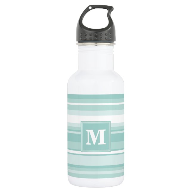 Monogram mint green stripes stainless steel water bottle (Front)