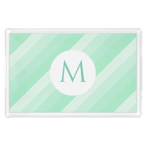 Monogram Mint Green Stripes Trendy Template Modern Acrylic Tray