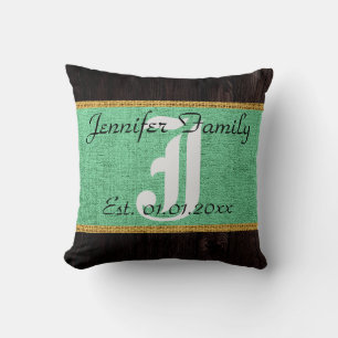Monogram Mint Rustic Burlap Linen Wood Look Throw Pillow