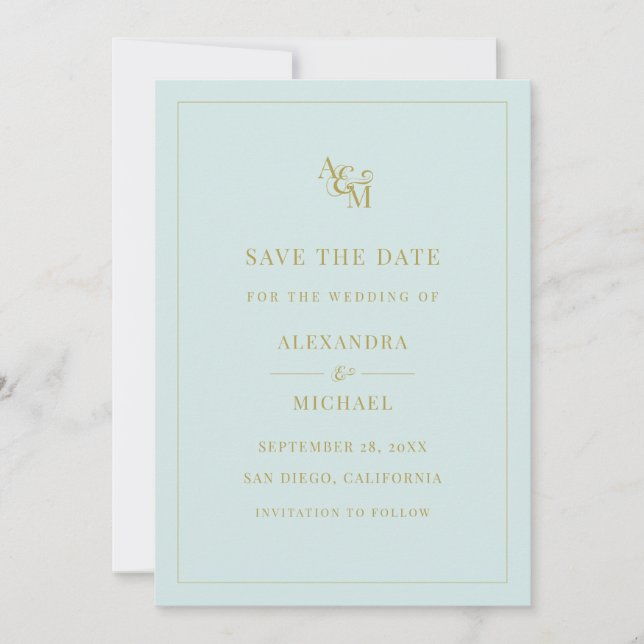 Monogram Mint Turquoise Simple Modern Wedding Save The Date (Front)